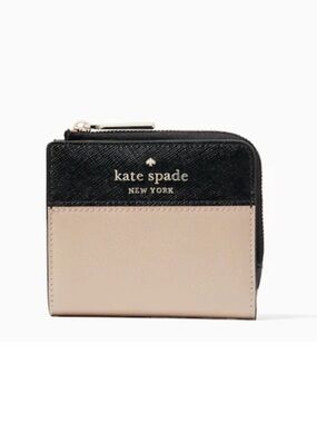 Kate Spade NY Staci Colorblock Small L-zip Bifold Wallet black tan leather